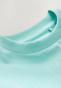 Sweatshirt vert menthe avec un col rond côtelé, fabriqué en coton doux. Présente une texture lisse et un bouton au dos.