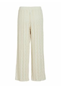 Pantalones de pierna ancha en color crema con un patrón texturizado de ondas verticales y puntos, cinturilla elástica y un corte relajado.