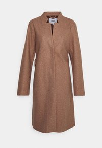 Brun uldblandingsjakke med lige snit, lange ærmer og minimalistisk krave. Har sidelommer og en enkelt knaplukning.