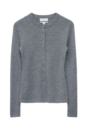 Gray knitted cardigan with a round neck, full-length sleeves, and a button front closure, featuring a ribbed texture throughout.