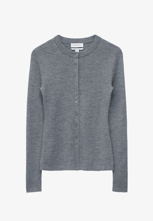 Szary dziergany kardigan z okrągłym dekoltem, długimi rękawami i zapięciem na guziki z przodu, z fakturą prążkowaną na całej powierzchni.