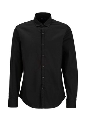 Zwarte lange mouwen shirt van katoen, met een knopsluiting aan de voorkant, een puntige kraag en knoopmanchetten met een gebogen zoom.