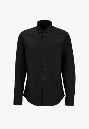 Schwarzes Langarmshirt aus Baumwolle mit Knopfleiste, spitzem Kragen und Knopfmanschetten sowie abgerundetem Saum.