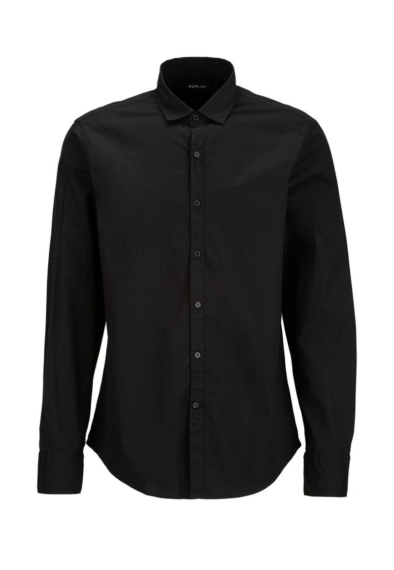 Maglietta nera a maniche lunghe in cotone, con chiusura a bottoni sul davanti, colletto a punta e polsini con bottoni, con orlo curvo.