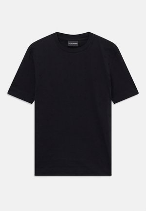Black short-sleeve crew neck T-shirt with subtle embossed pattern and brand label inside collar, laid flat on white background.