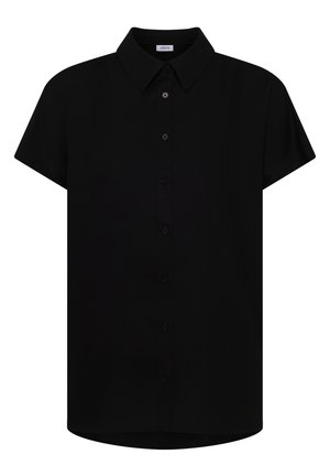 Schwarzes, kurzärmeliges Hemd mit Knöpfen, Kragen, sieben vorderen Knöpfen und einem leicht geschwungenen Saum, innen am Kragen mit der Aufschrift "CECIL".