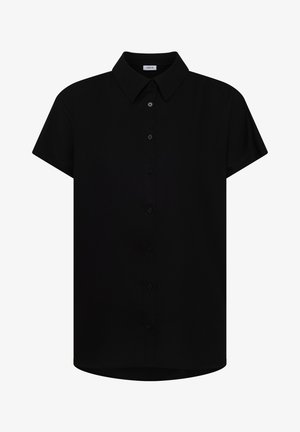 Schwarzes, kurzärmeliges Hemd mit Knöpfen, Kragen, sieben vorderen Knöpfen und einem leicht geschwungenen Saum, innen am Kragen mit der Aufschrift "CECIL".