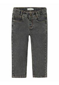 Jeans in denim grigio con un design slim, cinque tasche e chiusura con bottone in metallo. Presentano cuciture a contrasto e una texture liscia.