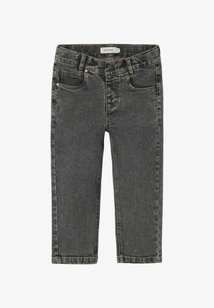 Jeans in denim grigio con un design slim, cinque tasche e chiusura con bottone in metallo. Presentano cuciture a contrasto e una texture liscia.