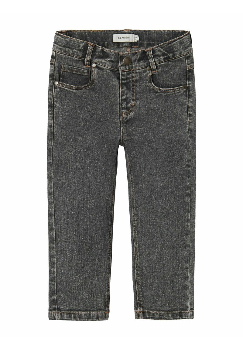 Jeans in denim grigio con un design slim, cinque tasche e chiusura con bottone in metallo. Presentano cuciture a contrasto e una texture liscia.