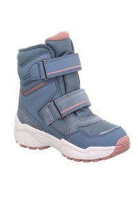 Modré a růžové vysoké boty se dvěma suchými zipy, vyrobené z umělého materiálu, s texturovanými panely a bílou gumovou podrážkou.