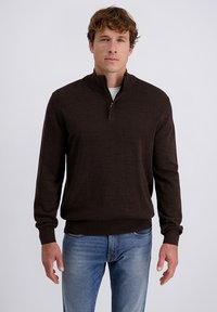 Uomo con capelli ricci castani che indossa un maglione marrone scuro con zip fino al quarto e jeans blu, in piedi contro uno sfondo chiaro e semplice.