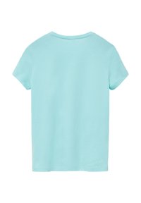 Helles blaues T-Shirt mit kurzen Ärmeln, gerundetem Halsausschnitt und glattem Baumwollstoff, mit einem schlichten Rücken und ohne Muster oder Akzente.