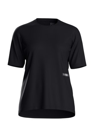 Black short-sleeve crew neck athletic t-shirt with a small gray logo tag on the lower right side against a white background.