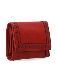 Red leather wallet with a folded design, featuring black stud accents along the edges and a smooth texture. Compact and practical.