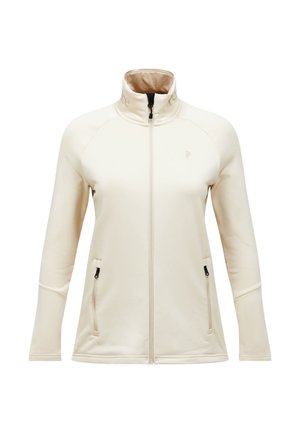 Giacca beige con zip, collo alto, maniche raglan, due tasche laterali e dettaglio logo discreto sul petto e sul colletto.