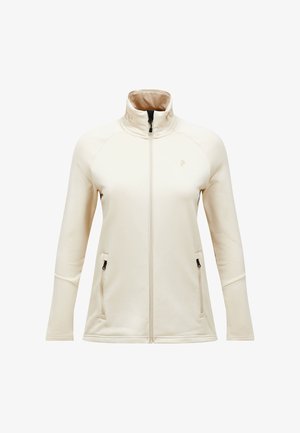 Beige Reißverschlussjacke mit hohem Kragen, Raglanärmeln, zwei Seitentaschen und dezentem Logodetail auf der Brust und am Kragen.