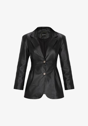Black leather blazer features a fitted silhouette, sharp lapels, two gold buttons, and three-quarter sleeves with a smooth texture.