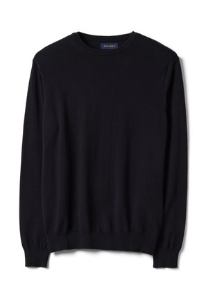 Schwarzer Pullover mit langem Arm und Rundhalsausschnitt, mit gerippten Bündchen und Saum, flach hingelegt, Vorderseite und Piombo-Markenlabel im Krageninneren sichtbar.
