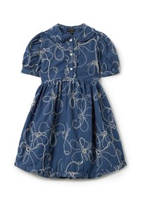 Abito in denim con maniche a palloncino corte, colletto e bottoni frontali. Presenta un ricamo floreale bianco a nastri su tutto il capo. Gonna svasata con orlo arricciato.