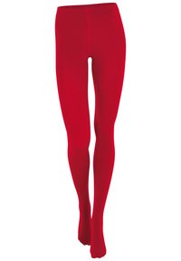 Collant rossi realizzati in materiale elastico, con una texture liscia e un design continuo senza cuciture o motivi visibili.