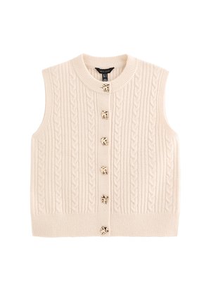 Ärmelloser Pullover mit Zopfmuster in Creme, mit rundem Halsausschnitt und sechs goldfarbenen Knöpfen vorne. Gerippter, strukturierter Saum.