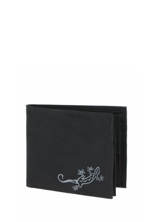 Black bifold wallet with stitched edges and a small silver gecko design on the lower right corner.