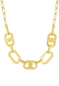 Goldkette bestehend aus ineinandergreifenden rechteckigen Gliedern, von denen einige mit einem mustergestalteten Oberflächen versehen sind, sowie einem kleinen Logo-Detail.