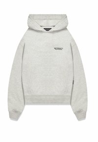 Ljusgrå hoodie gjord av en bomullsmix. Har en känguruficka, ribbade ärmslut och en logotyp tryckt på framsidan.