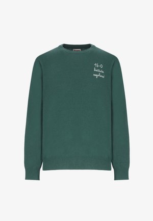 Maglione verde a maglia con scollo rotondo, polsini e orlo a coste, con testo bianco ricamato sul davanti. Realizzato in tessuto morbido.