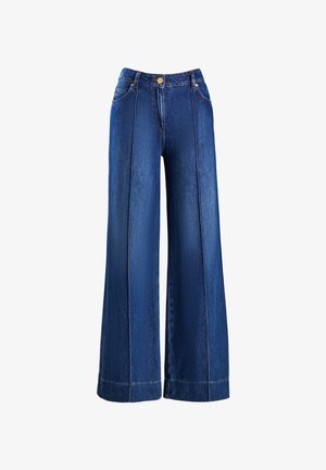 Pantalones de mezclilla de pierna ancha en azul medio. Con cinturilla alta, bolsillos frontales y costuras en contraste a lo largo de las costuras. Cierre clásico con botón.