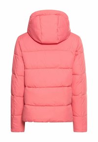 Pink pufferjakke med h�ætte, der har quiltede sektioner og en glat overflade. Kort længde og elastiske manchetter.