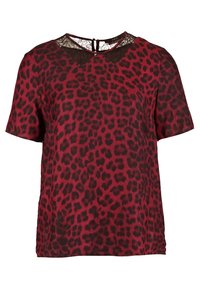 Rød leopardprint kortærmet bluse med en struktureret sort blondekrave og en nøglehulslukning bagpå. Letvægtigt stof med en afslappet pasform.