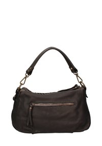 Sac à main en cuir marron foncé avec une poignée courbée, une poche avant zippée et des coutures contrastées. Équipé d'un accent en métal poli.
