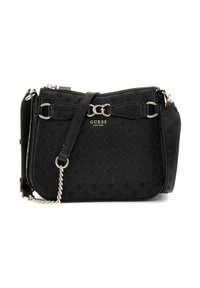 Borsa a tracolla nera in materiale sintetico con motivo floreale in rilievo, hardware argentato, tracolla in catena regolabile e dettaglio del logo sulla parte anteriore. Chiusura con zip.