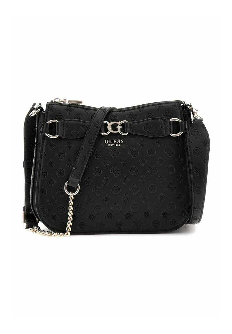 Borsa a tracolla nera in materiale sintetico con motivo floreale in rilievo, hardware argentato, tracolla in catena regolabile e dettaglio del logo sulla parte anteriore. Chiusura con zip.