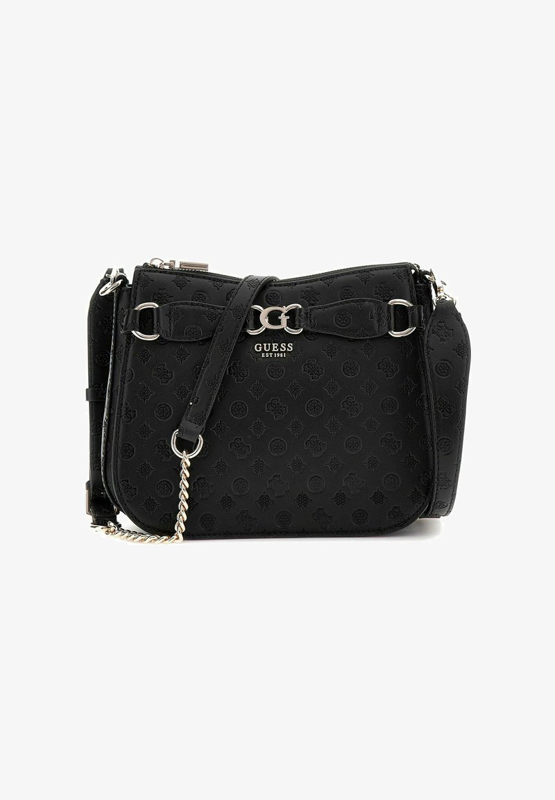 Borsa a tracolla nera in materiale sintetico con motivo floreale in rilievo, hardware argentato, tracolla in catena regolabile e dettaglio del logo sulla parte anteriore. Chiusura con zip.