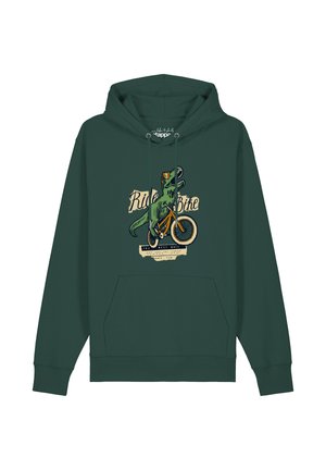Dunkelgrüner Hoodie mit einer Grafik eines grünen Dinosauriers, der Fahrrad fährt, und dem Text "Ride Bike" auf der Vorderseite.