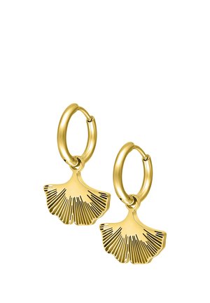 Gold hoop earrings with fan-shaped pendants featuring engraved line patterns on a white background.