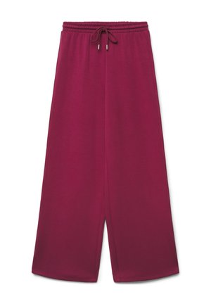 Weite, hochtaillierte bordeauxrote Hose mit elastischem Bund und Kordelzug, flach auf weißem Hintergrund präsentiert.
