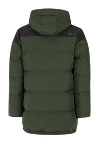 Donkergroene gewatteerde winterjas met capuchon en zwarte schouderpanelen, achterkant, met PVRE Green-logo rechtsboven.