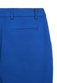 Blaue maßgeschneiderte Hosen mit flachem Vorderteil und einer Gesäßtasche, gefertigt aus glattem Stoff mit schmalem Finish und ohne sichtbare Muster.