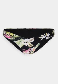 Parte de baixo de biquíni preta com um padrão floral tropical em rosa e verde, com frente em forma de V e tecido liso e elástico.