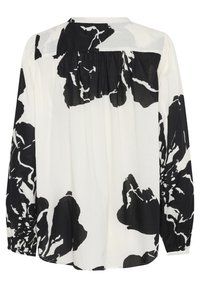 Langärmlige Bluse aus leichtem Stoff, mit einem schwarz-weißen Blumenmuster, gerafftem Rücken und elastischen Manschetten.