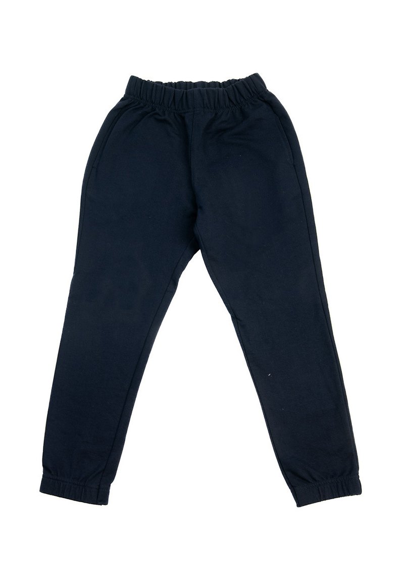 Granatowe dresy wykonane z miękkiego materiału, z elastycznym paskiem w talii, dwoma bocznymi kieszeniami i ściągaczami przy kostkach. Prosty, prosty krój nogawki.