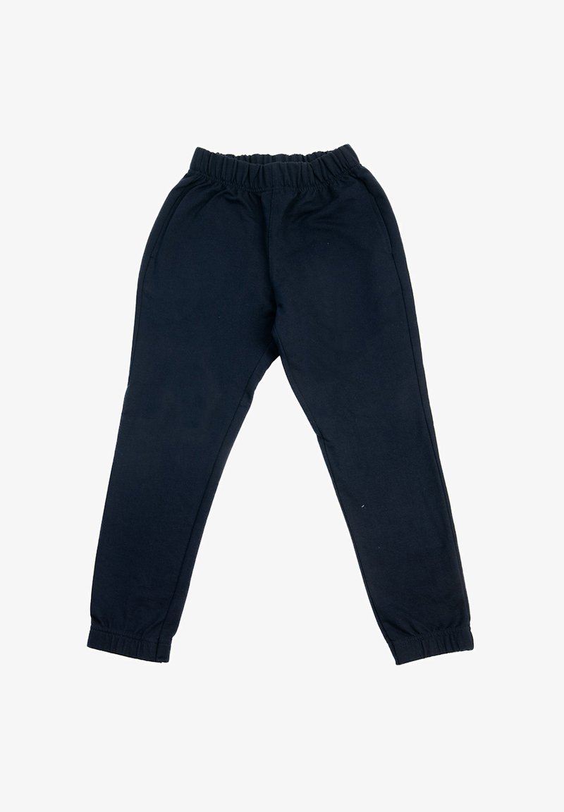 Granatowe dresy wykonane z miękkiego materiału, z elastycznym paskiem w talii, dwoma bocznymi kieszeniami i ściągaczami przy kostkach. Prosty, prosty krój nogawki.