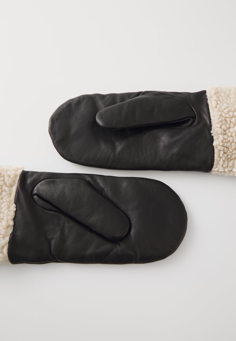 Schwarze Lederhandschuhe mit beigem Lammfellbund, abgerundeten Spitzen und einer weichen Innenbeschichtung für Wärme und Komfort.