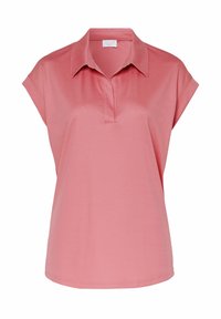 Helles rosa Poloshirt mit Kragen, kurzen Ärmelchen und weicher Textur. Vorderseitige Knopfblende. Einfaches Design.