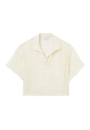 Haut court à manches courtes en matière tissée légère. Présente un motif gris subtil et une couleur blanche douce avec un col.