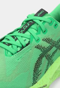 Zapatilla deportiva verde con parte superior de tejido texturizado, cordones planos y un diseño estampado. Cuenta con una suela Vibram con acentos en verde brillante.